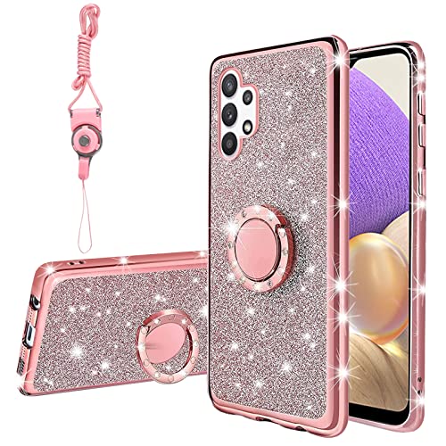 nancheng Cute Bling Glitter Phone Case for Samsung Galaxy A32 5G Luxury Sparkly Soft TPU Anti Scratch Anti-Drop Cover with Ring Stand & Lanyard for Girls Women - Rose Gold