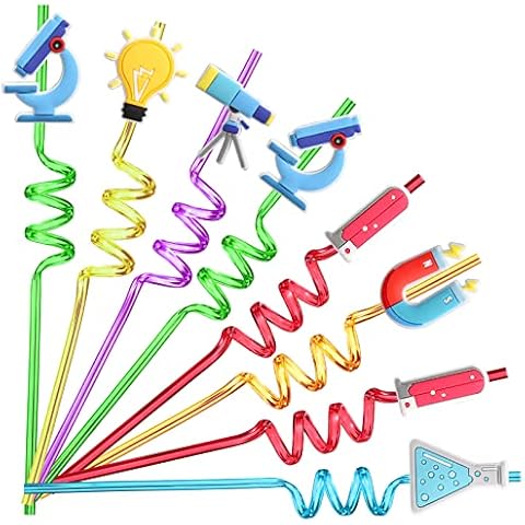AFZMON 24 PCS Science Drinking Straws Reusable Plastic Beverages Cocktail Straw with Cartoon Decoration for Kids Mad Scientist Party Supplies for Birthday Party Favors Cover