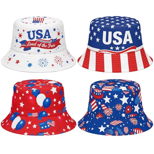 Image of Zhanmai 4 Pcs 4th of July USA Bucket Hat American Flag Patriotic Hats for Women Men 2026 Soccer Tournament Party Hat