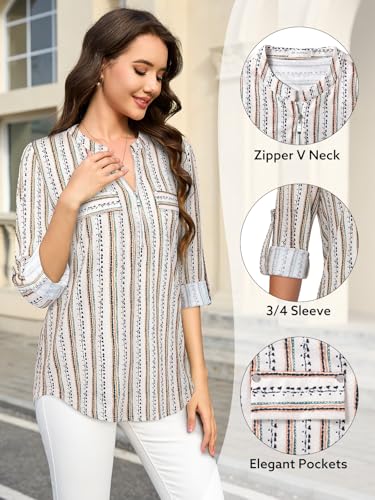 Image of Bulotus 3 /4 Length Sleeve Womens Striped Tops Zipper V Neck Collared Blouses Business Casual Tunics 2026 Spring Trendy