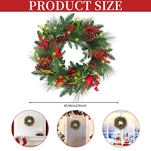 24Inch Christmas Wreaths For Front Door, Christmas Door Wreaths With Birds ,Pine Cones And Battery Operated Led Lights Large Artificial Xmas Wreath For Outdoor Holiday Decor #TOP1