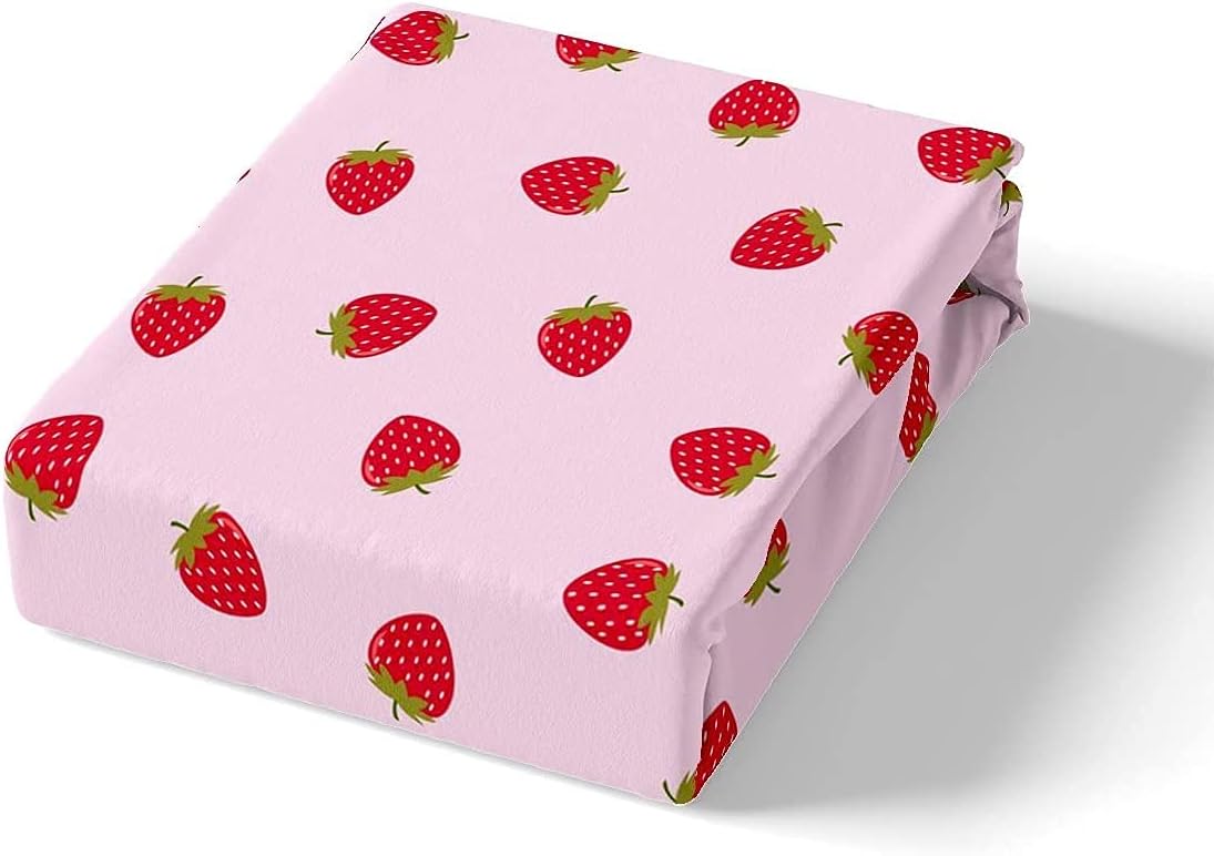 Loussies Kids Strawberry Kawaii Sheet Set, Single Size Pink, Ultra Soft, Cute Cartoon Fruit Bedding, Flat Sheet, Fitted Sheet - Image 4
