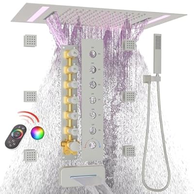 HOMEDEC LED Multi Functions Full Body Shower System with 6pcs Body Jets Spray with?Up/Down?Shower Spout, Large 3 In 1 Functions 14x20inch Showerhead, Rainfall Mist Shower Faucet Set, Brushed Nickel
