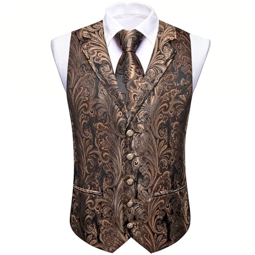 Image of Barry.Wang Mens Silk Lapel /Shawl Collar Vest Tie Sleeve Holder Set Formal /Casual Paisley Vests Wedding Tuxedo Waistcoat