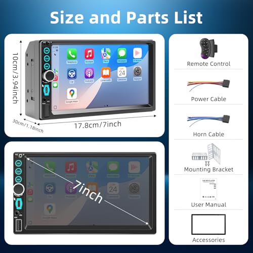 7" Wired Double Din Car Stereo Apple Carplay Radio Screen for Car Audio Receivers, Bluetooth Car Play Android Auto Touchscreen, SWC, FM, Mirror Link, Type-C by Moobsnry - Image 2