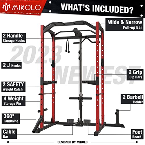 Mikolo Power Cage With Lat Pulldown System, 1200 Pounds Capacity Power Rack, Multi-Functional Squat Rack With 13-Level Adjustable Height And J-Hooks, T-Bar, F4-301 #TOP1
