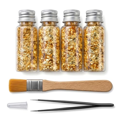 Solvio 4 bottles Gold Leaf Comes with tweezers and brushes Flakes for Cakes Sheets for Cake Decorating Baking Chocolate Dessert DIY Crafts Resin Art and Skincare Metallic Gilding PaperNot edible