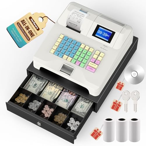 Perfiware Cash Register for Small Businesses - Electronic POS System with Built-in Receipt Printer& Dual Displays, Electronic Cash Register with Cash Drawer for 4 Bills & 5 Coins