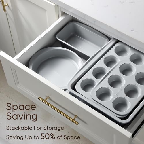 Image of CAROTE 7-Piece Nonstick Stackable Baking Pans Set - Bakeware Sets Including Cookie Sheets for Baking, Muffin Pan, Bread Pan, Cake pan, Loaf Pan, Roasting Pan, Gray & Blue