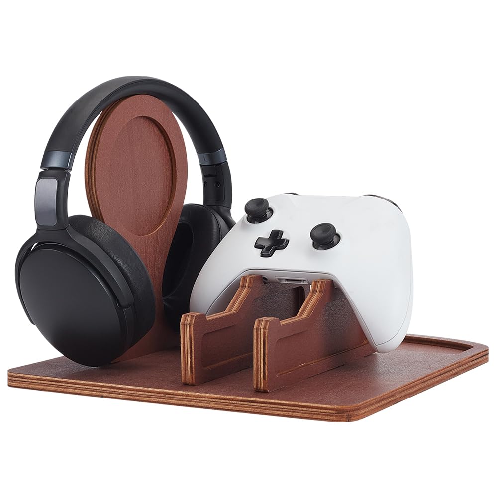 UNICRAFTALE Soporte para controlador con soporte para auriculares, soporte de madera para controlador de juegos, soporte de controlador de jugador rojo indio para interruptor, soporte de auriculares
