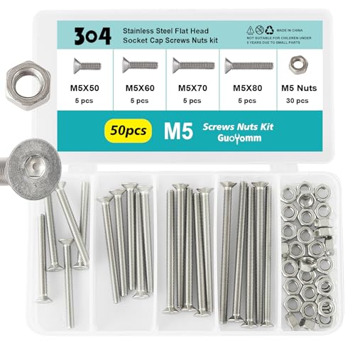 GuoYomm 50Pcs M5 x 50mm 60mm 70mm 80mm, Flat Head Hex Socket Cap Screws Countersunk Bolts Nuts Kit, Stainless Steel 304, Metric Allen Drive, Fully Threaded
