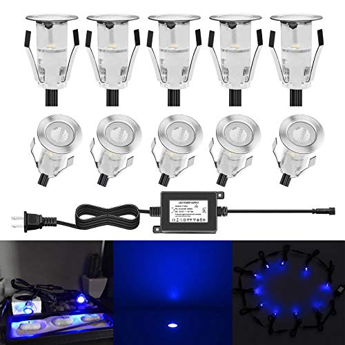 QACA 0,7" de luces LED pequeñas para cubierta Kit, acero inoxidable, impermeable, empotrable, para escaleras, decoración de jardín, iluminación exterior de bajo voltaje(10 piezas, azul) Cover