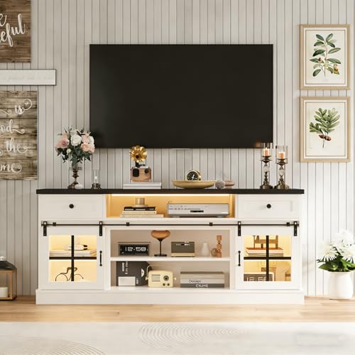 Garvee Farmhouse TV Stand for 80" TVs, Media Console Table with 2 Drawers, Power Outlets, Led Light, Barn Doors, Entertainment Center with Adjustable