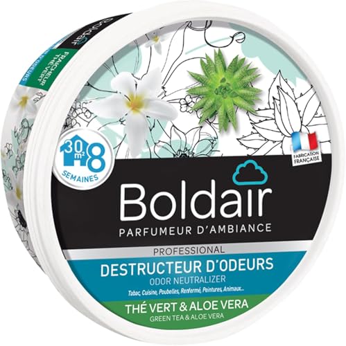 BOLDAIR - Destructeur d’Odeurs en Gel Thé Vert & Aloe Vera - Neutralise les Mauvaises Odeurs & Parfume l’Air - Made in France - Boîte Diffuseuse 300 g
