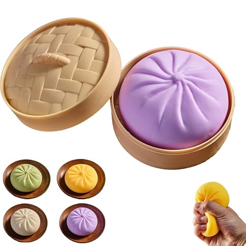 Giant Dumpling Squishy Fidget Toy with Steamer Case - Jumbo Steamed Bun Sensory Stress Relief Ball - Novelty Desk Squeeze Anxiety Relief Gift for Adults & Teens (Purper)