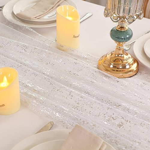 Snowkingdom 6 Pcs 10 FT Silver Cheesecloth Table Runner, 120 Inch Sheer Chiffon Gauze Runner, Sequin Glitter Silver Table Decoration Centerpieces for Wedding Birthday Christmas Bridal Baby Shower