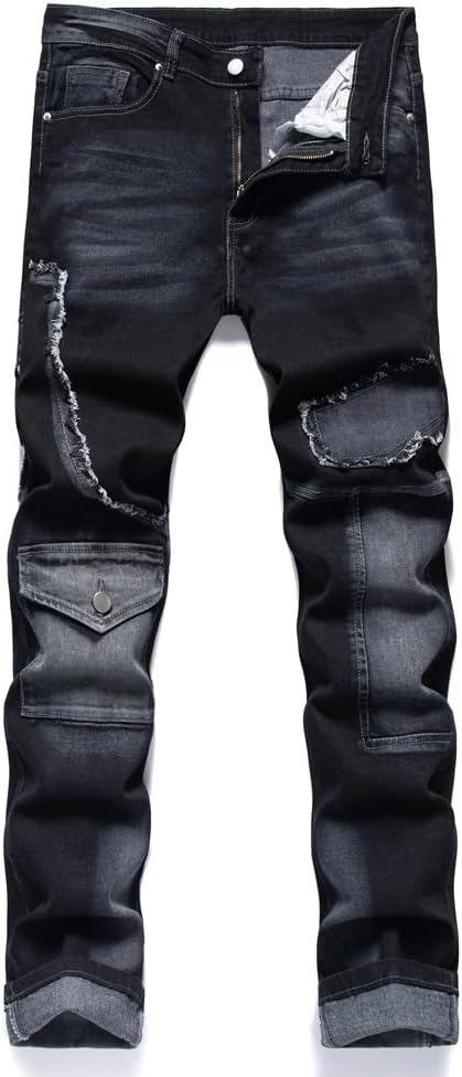 Men’s Jeans Denim Pants Straight Patchwork Distressed Biker Jean Streetwear