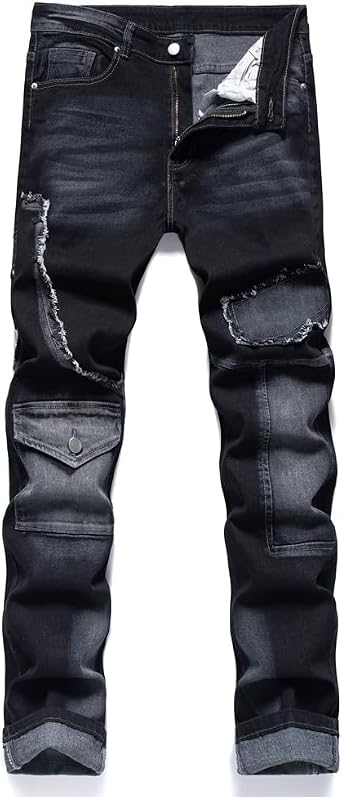 Wikers Mens Jeans Denim Pants Straight Patchwork Distressed Biker Jean Streetwear