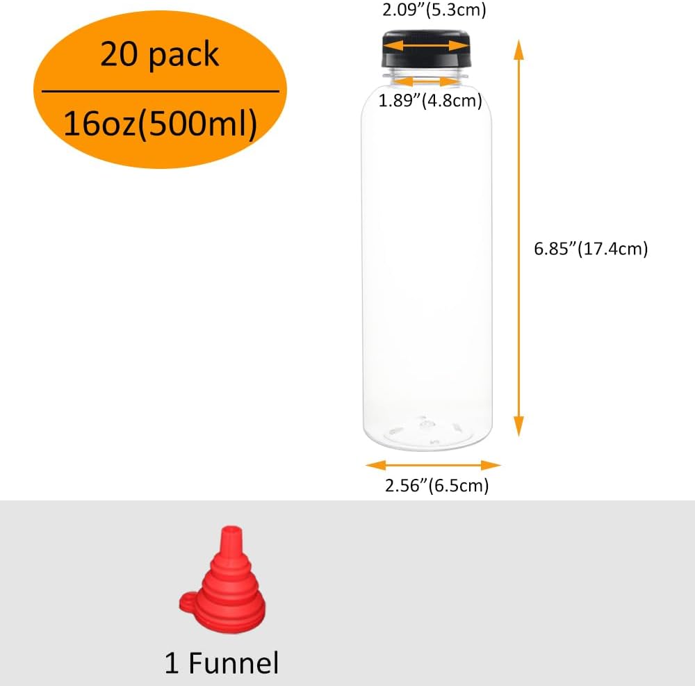 20 Pack 16 oz Empty Plastic Juice Bottles with Caps Reusable Beverage Containers with Black Tamper Evident Lids, Funnel for Juice, Milk, Smoothies, Water, Coffee