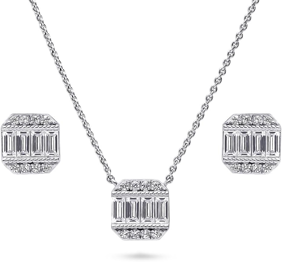BERRICLE Sterling Silver Vintage Inspired Art Deco Cubic Zirconia CZ Fashion Necklace and Earrings Set for Women, Rhodium Plated