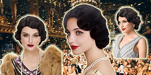 REEWES Kurze 1920er Perücke Fingerwellenperücke Lockige Kurze Perücke Vintage Perücken für Frauen Damen Synthetische Vollperücken Cosplay Kostüm Fancy Dress Flapper Perücke (Schwarz)