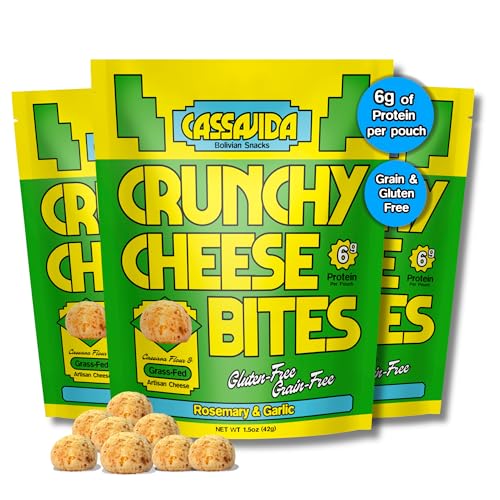 Cassavida Gluten Free Savory Snack – Crunchy Cassava Cheese Bites, Rosemary Garlic – Grain Free, Twice-Baked, No Seed Oils, Grass-Fed – Bolivian Cuñapé (1.5 oz, Pack of 3)
