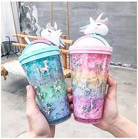 Prezzie Villa Pack of 1 Slide and Open Unicorn Sipper with Straw (450ml) for Kids Glitter Sipper Random Design and Color Sent, Plastic, Multicolour