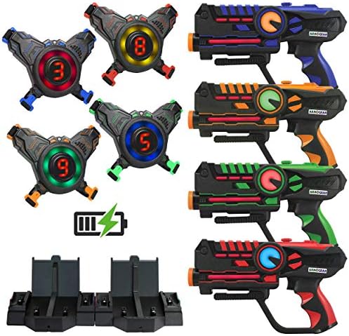 ArmoGear Rechargeable Laser Tag Guns Set of 4 + Vests | 4 Player Digital LED Score Display | Arcade Gifts for Kids & Adults | Ages 8-12+