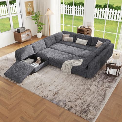Image of Oversized Modular Sectional Chenille Sofa Bed with Hidden Storage, Comfy Modern 10 Seater Deep Seat Couch, Modular Sectional with Ottoman and Removable Cover for Living Room, Apartment, Gray