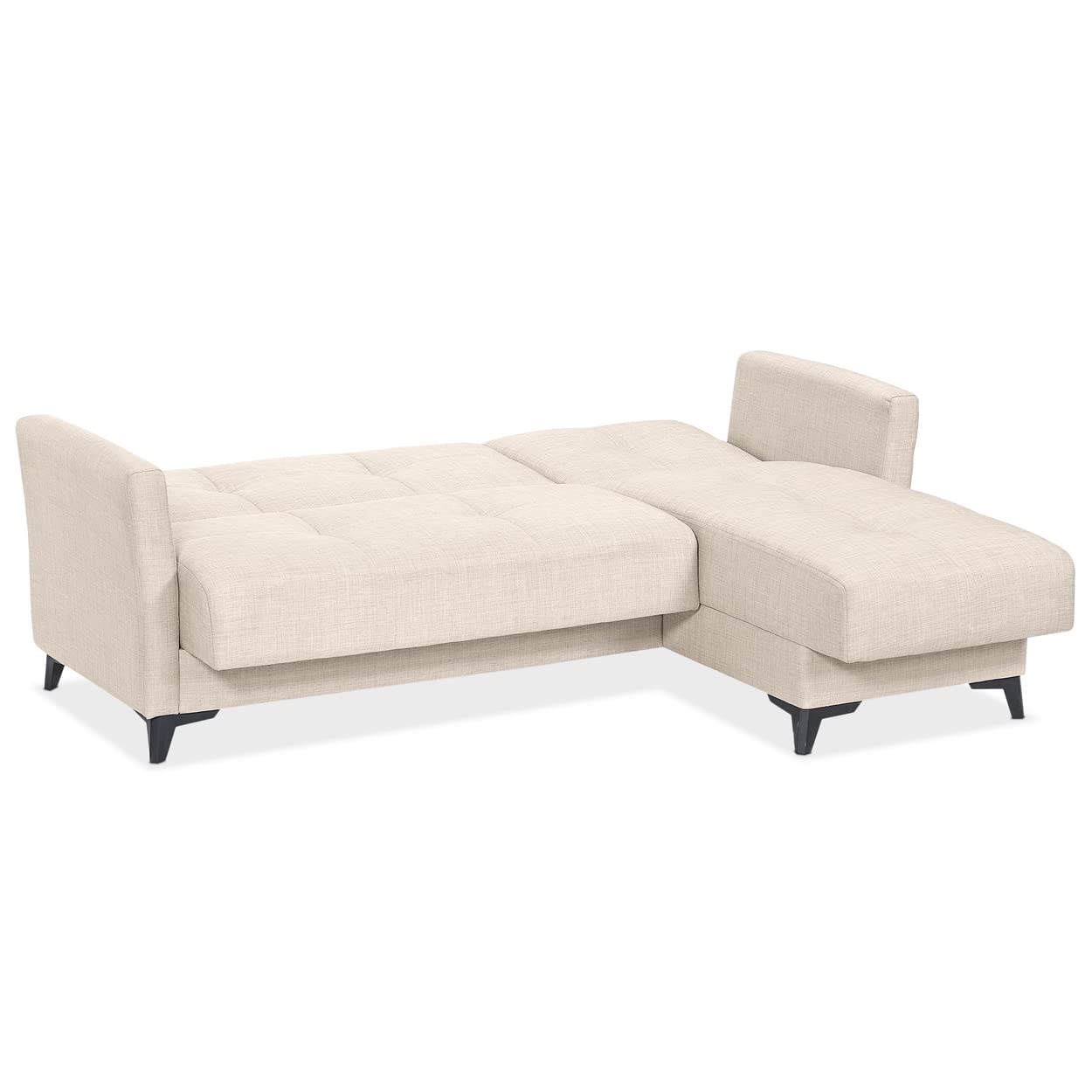 EVERGREENWEB Divano letto 3 Posti con Contenitore Trasformabile, Divano Angolare con Penisola Chaise Longue, Schienale Reclinabile 3 Livelli Clic Clac, Morbido Tessuto Imbottito Beige, Braccioli Slim