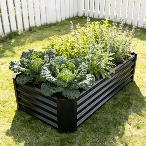 VERFARM Hochbeet-Set aus Verzinkter Metall, Pflanzbeet Hochbeete für Garten, 120x60x30 cm, Hochbeete-kit für Gemüse Blumen Sukkulenten Kräuter, Blumenbeet & Pflanzentrog, Rechteckig, Schwarz