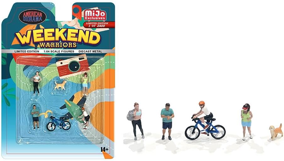 Weekend Warriors 6 Piece Diecast Figure Set (4 Figures, 1 Dog, 1 Bicycle) Limited Edition to 2400 Pieces Worldwide for 1/64 Scale Models by American Diorama AD-2402MJ
