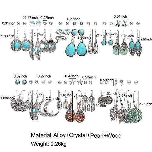 Bohemian Vintage Silver Drop Dangle Earrings Set For Women Girls, 36 Pairs Hypoallergenic Simulated Turquoise Earrings Pack, Fashion Waterdrop Dangling Jewelry For Birthday/Party/Christmas Gifts (36 Pairs) #TOP5