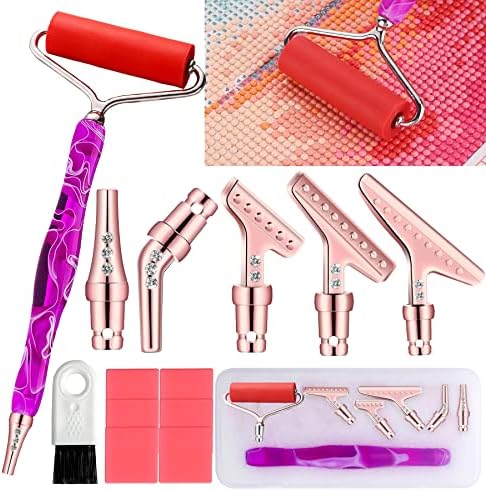 16 Pieces Diamond Painting Pen Accessories Tools, Red Roller Wheel Easy to use 45° Ergonomic 6 Pieces Stainless Steel Tips Handmade Diamond Art Drill Pen for Art Craft (Purple Rose Gold Roller)