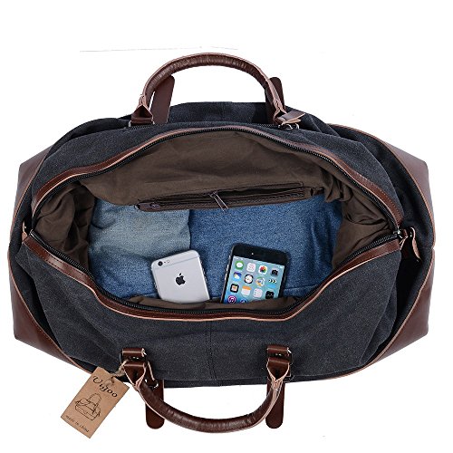 Ulgoo Travel Duffel Bag Canvas Bag PU Leather Weekend Bag Overnight (Black)
