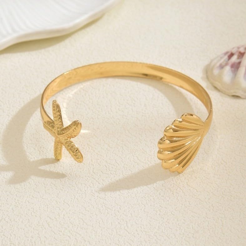 Shell Starfish Cuff Bracelets for Women,Boho Starfish Seashell Pearl Bangle Bracelet,Trendy Cute Adjustable Beach Ocean Bracelets Party Holiday Jewelry - Image 4