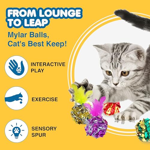 Image of SunGrow Mylar Crinkle Balls with Feathers, 2.5-Inches, Shiny Stress Buster Crinkler, Suitable for Multiple Cats' Engagement, Ideal for Kittens and Grown-up Cats, 20-Pcs