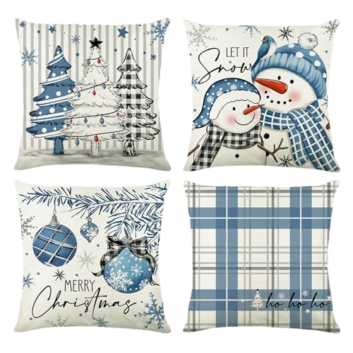 Fundas Cojines Navidad 45 x 45, 4pcs Decoracion Navidad Hogar Funda Cojin - Azul Blanco Lino...
