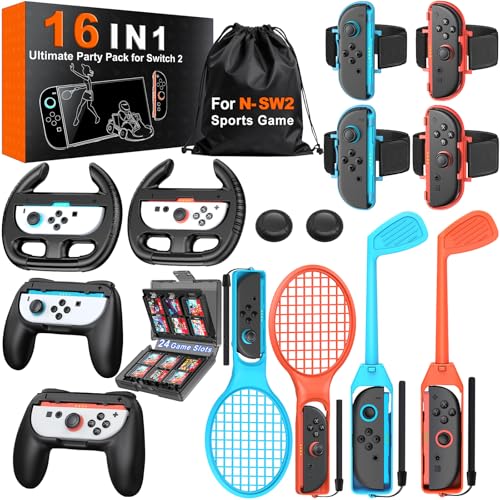 Switch 2 Sportzubehör Bundle - 16 in 1 Familienparty-Kit nur für Nintendo Switch 2, mit Golfschläger, Tennisschläger, Lenkräder, Handgelenk- und Beingurte, Griffe, Kartenetui & Aufbewahrungstasche