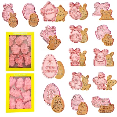 Easter 16 Stücke Oster Keksformen Backset, Lebensmittelechtes Silikon Ostern Ausstechformen für Plätzchen, Kekse & Deko, inkl. Hasen, Eier & Küken