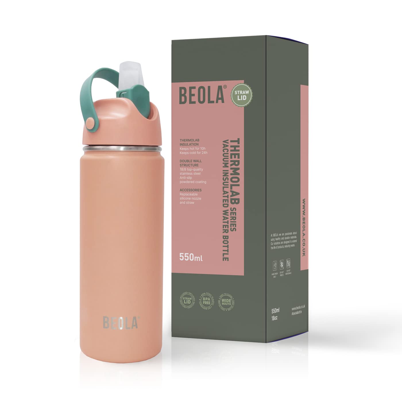 BEOLA 550ml Kids Adults Water Bottle 18/8 Stainless Steel 304 Double Wall Insulated Thermos Bottle with Straw Lid and wide mouth, Hot Cold Liquids Sports Bottle, 18oz (Fashion Pink)