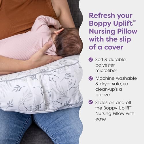 Image of Boppy Uplift Nursing Pillow Cover, Washable Feeding Pillow Cover with Belt | Wedge Bottle & Breastfeeding Pillow, Reduce Spit-Up, Reflux Symptoms, Baby Safety Alliance Verified - Gray Gentle Leaves