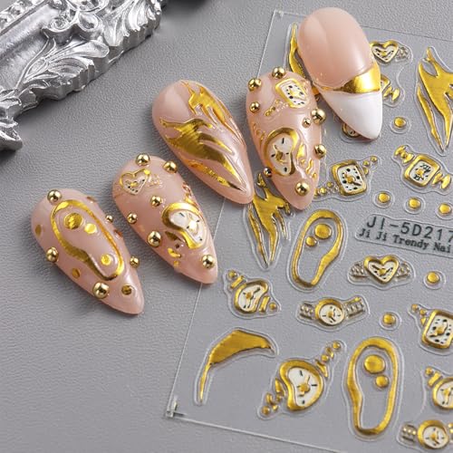2 Sheets Gold French Nail Decals for Nail Art Embossed Watch Nail Art Stickers Fall Winter Nail Nail Stickers 5D Self-Adhesive Gold Nail Decoration for Women Nails Design Supplies - Thumbnail 6