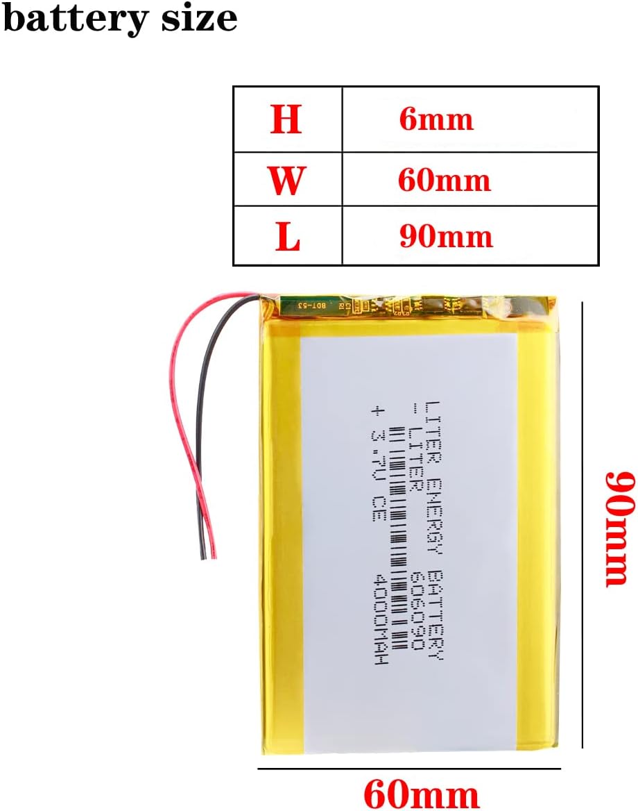 Diagram showing the dimensions of the battery: Height (H) 6mm, Width (W) 60mm, Length (L) 90mm.
