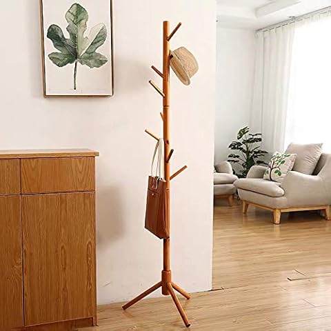 Bamboo Coat Rack Tree with 8 Hooks, Free Standing Wooden Coat Rack, Entryway Coat Hanger Stand, Easy Assembly Hallway Entryway Tree with Solid Base for Hat, Clothes, Scarves, Handbags, Umbrella Cover