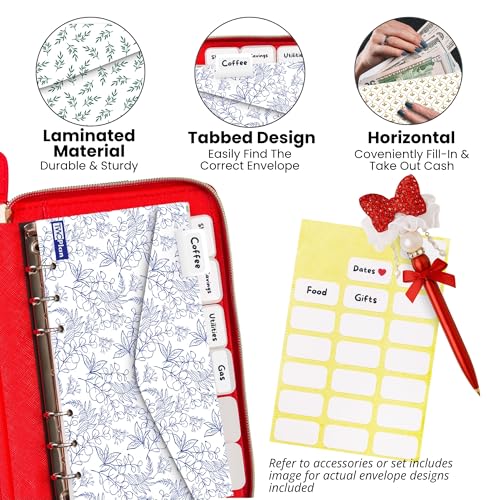 Image of Three Way Cut Cash Envelope Wallet Red All in One Budget System RFID Blocking with 12x Tabbed Envelopes 12x Monthly Budget Cards 1x Yearly Budget Planner Sheet Complete Money Organizer Set
