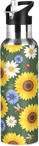 BPA-Free Sport Water Bottle Insulated 20 Oz, Stainless Steel Vacuum Insulated Water Bottle for Gym Outdoor Travel School, Yellow Sunflowers