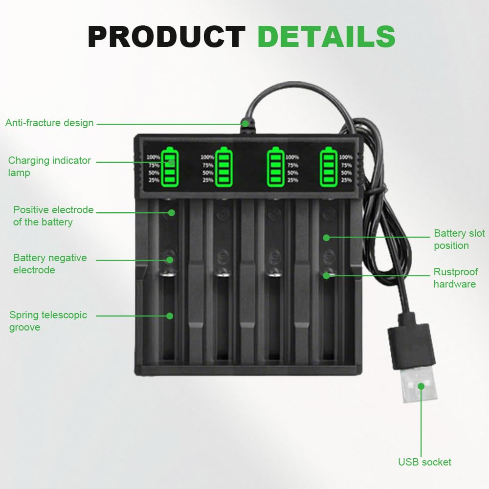 4 Pezzi 2200mAh Batterie 3.7V Ricaricabili, 3.7Volt Button Top NiMH Batteria Ricaricabile con Caricabatterie a 4 Slot, per Fotocamera, Piccolo Ventilatore, LED Lampada Frontale, Luci Solari