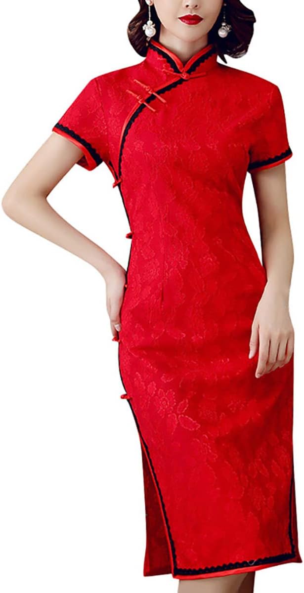 Women's Floral Lace Cheongsam Qipao Dress Short Sleeve Mandarin Collar Midi Sheath Dress