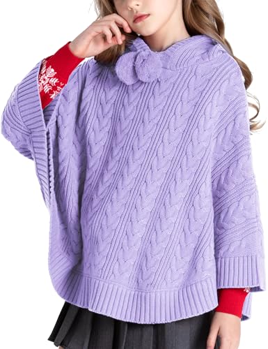 Image of BOBOYOYO Cape for Girls Hooded Cable Knit Poncho Sweaters Kids Shawl